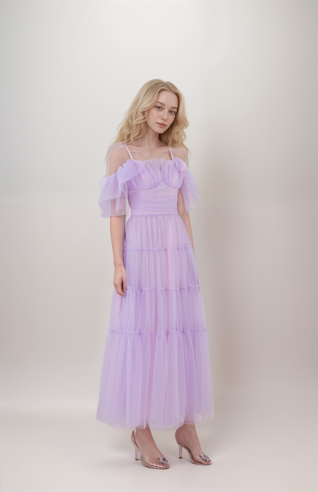 Beaded Spaghetti-straps ruffled sleeves tea length tulle prom dress