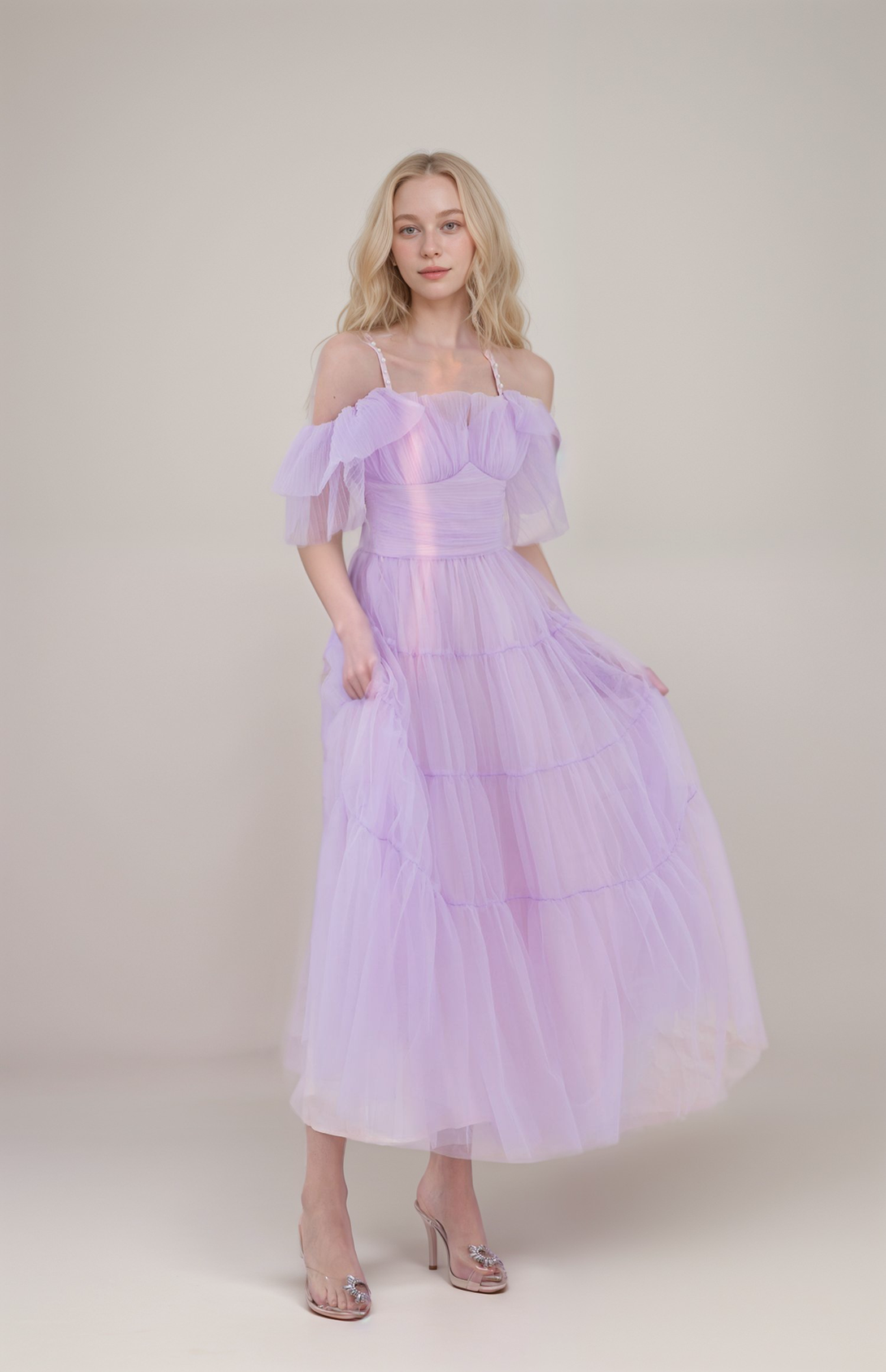 Beaded Spaghetti-straps ruffled sleeves tea length tulle prom dress