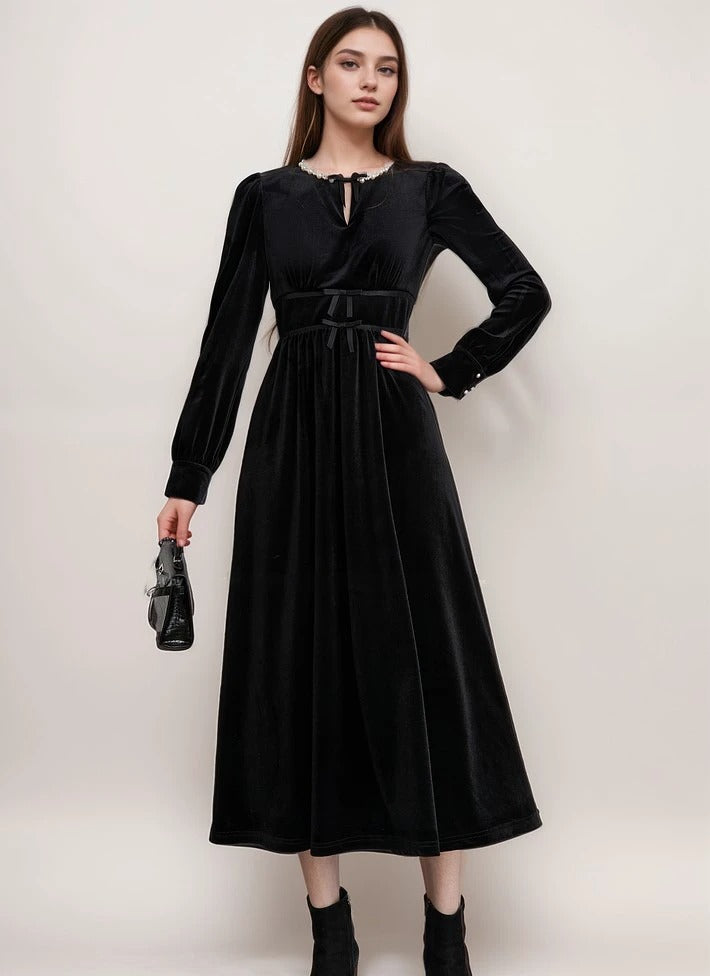 Elegant Black Velvet Long Sleeve Midi Dress with Bow and Pearl Detail