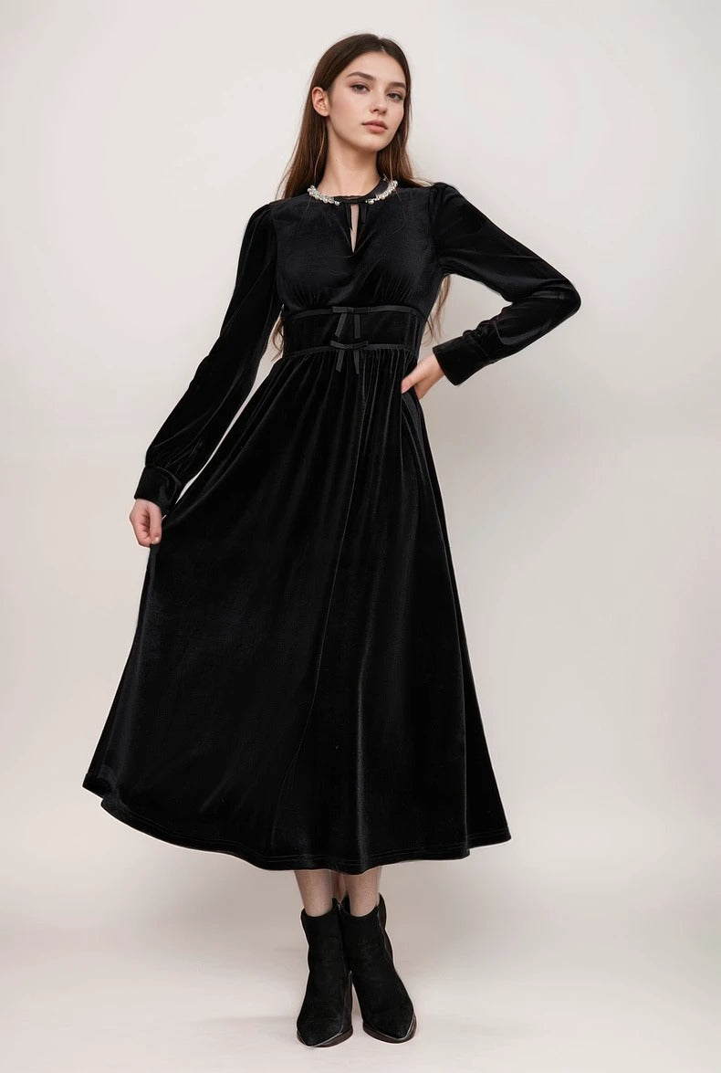 Elegant Black Velvet Long Sleeve Midi Dress with Bow and Pearl Detail