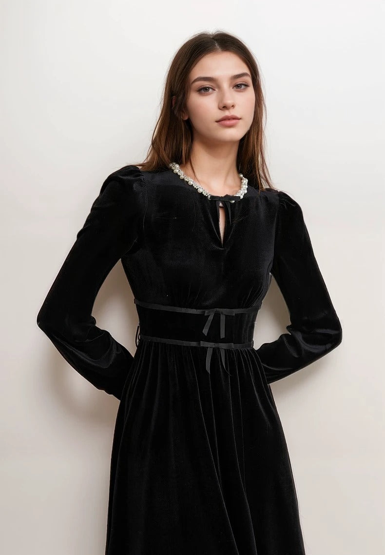 Elegant Black Velvet Long Sleeve Midi Dress with Bow and Pearl Detail