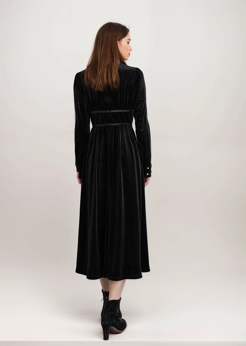 Elegant Black Velvet Long Sleeve Midi Dress with Bow and Pearl Detail