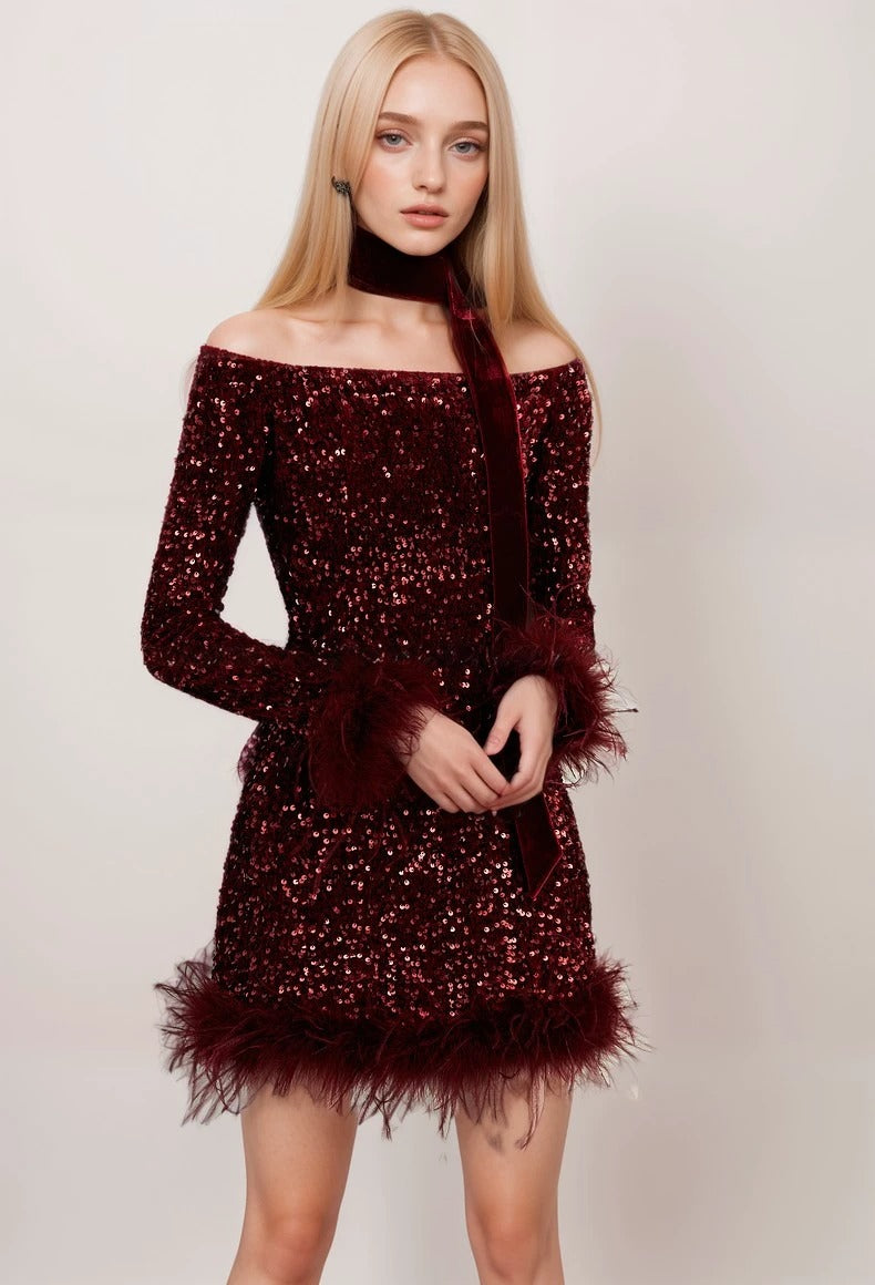 Luxurious Off-Shoulder Sequin Mini Dress with Feather Cuffs