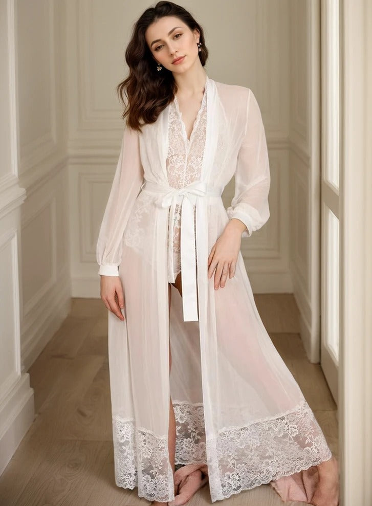 Elegant Sheer Mesh White Lace Long Bridal Robe Set