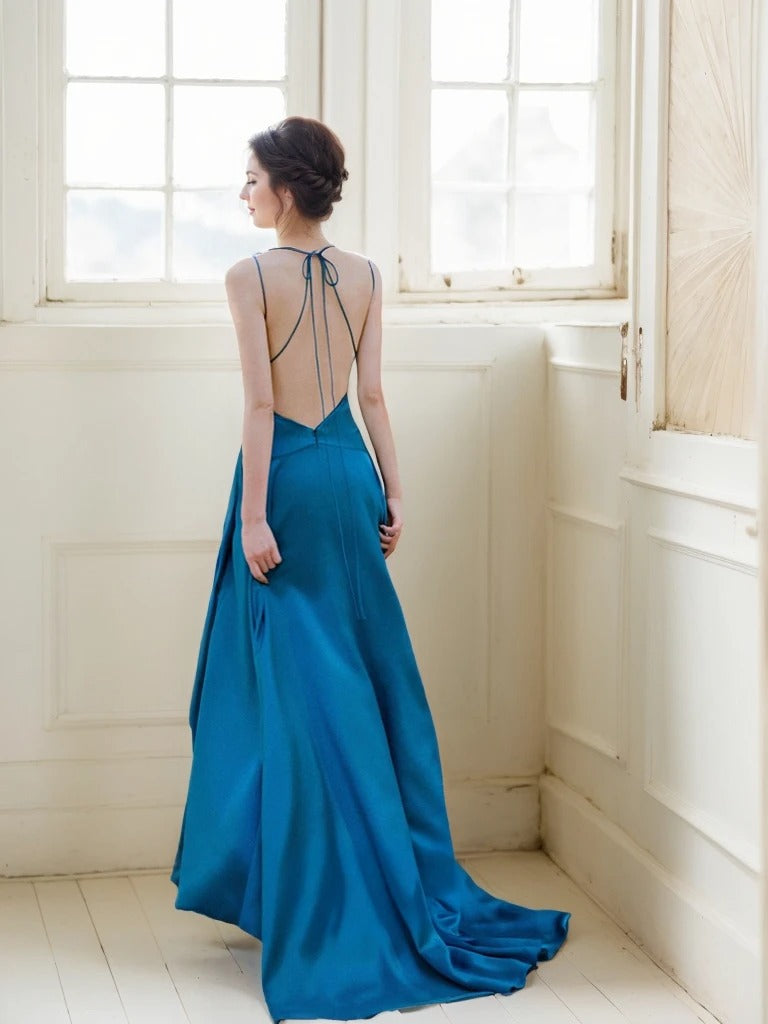 Ethereal Sapphire Blue Satin Backless Evening Gown with Thigh-High Slit