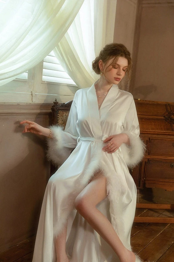 Elegant Satin Feather-Trimmed Robe & Nightdress Set - Luxury Bridal & Lounge Wear