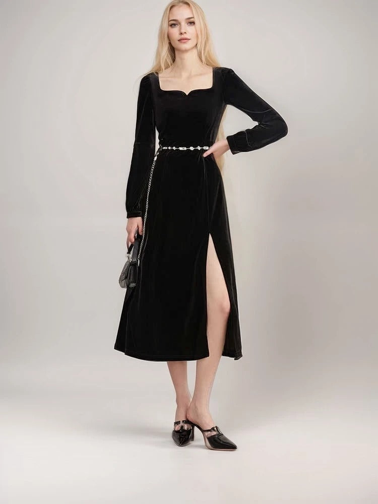 Elegant Black Velvet Long-Sleeve Midi Dress with Side Slit