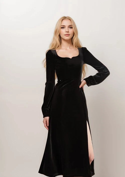 Elegant Black Velvet Long-Sleeve Midi Dress with Side Slit Timeless Evening Wear 4 / Other Colors Elegant Black Velvet Long-Sleeve Midi Dress with Side Slit Timeless Evening Wear 4 / Other Colors