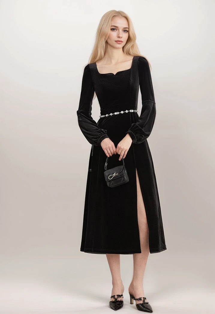 Elegant Black Velvet Long-Sleeve Midi Dress with Side Slit