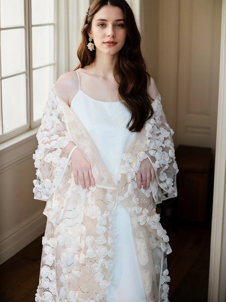 Ethereal 3D Floral Lace Bridal Robe Elegant Sheer Wedding Cover-Up 4XL (US 24-26) Ethereal 3D Floral Lace Bridal Robe Elegant Sheer Wedding Cover-Up 4XL (US 24-26)