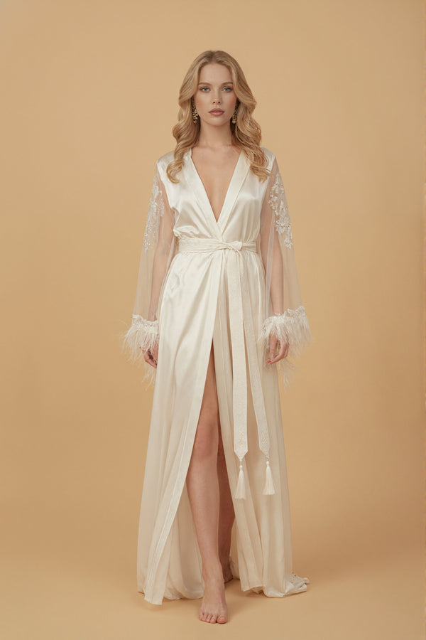 Feather-Trimmed Satin Bridal Robe with Embroidered Lace Sleeves