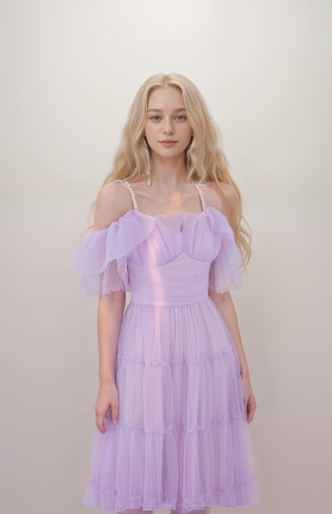 Beaded Spaghetti-straps ruffled sleeves tea length tulle prom dress