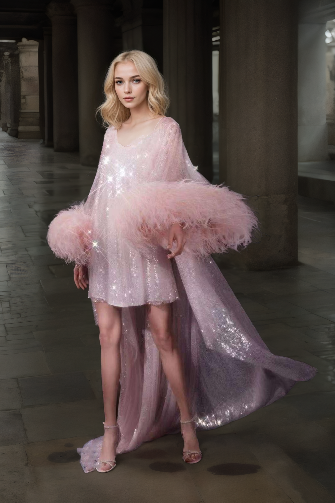 インナー・ルームウェアその他 Oseree Feather silk dressing gown Ostrich Feather sequin mesh long robe dress with sequin