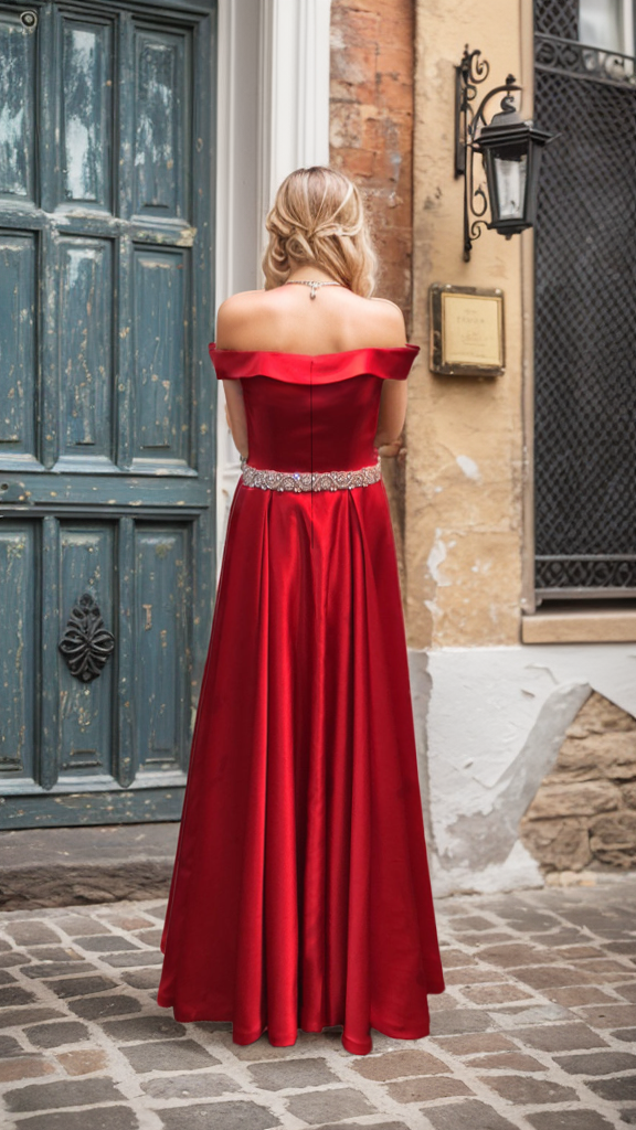 Off-shoulder Ruby Red A-line Japanese Soft Satin Prom Dress with Crystal Beaded Sash colored wedding dress