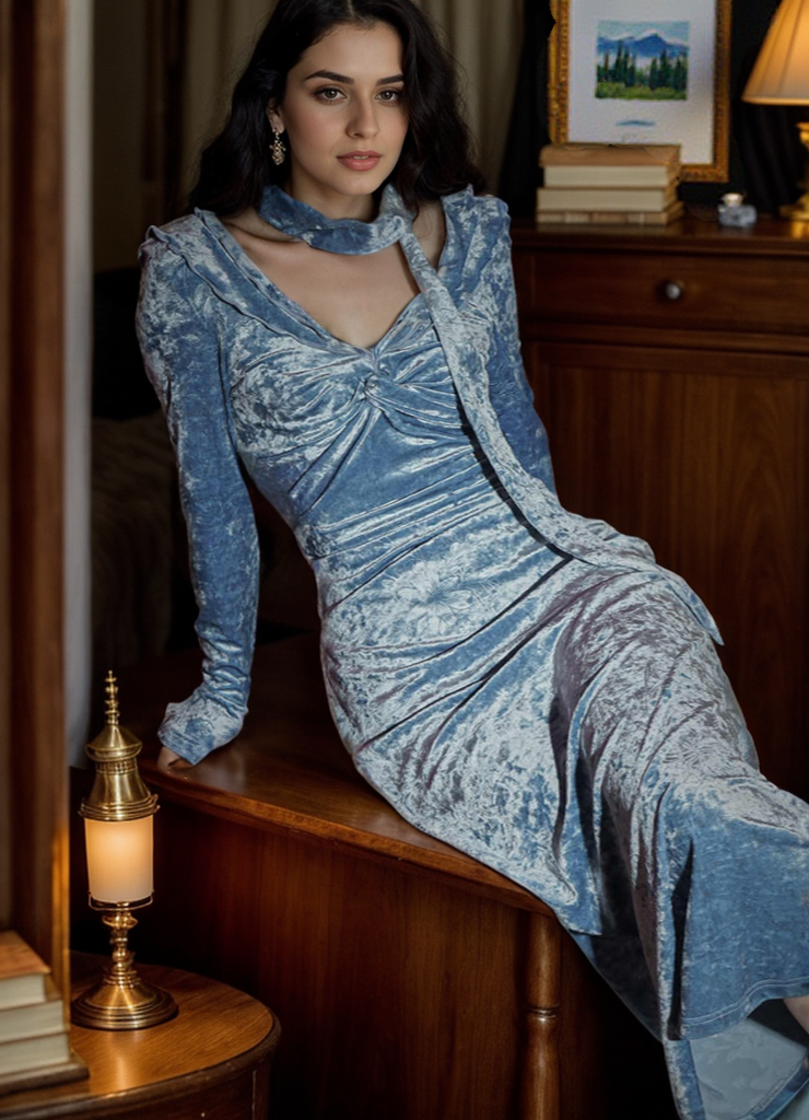 Vintage-Inspired V-neck Velvet Midi Dress with Long Sleeves & Scarf Detail