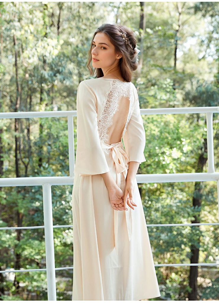 Elegant Lace Keyhole Open Back Soft Satin Robe with Slit - 4 Colors