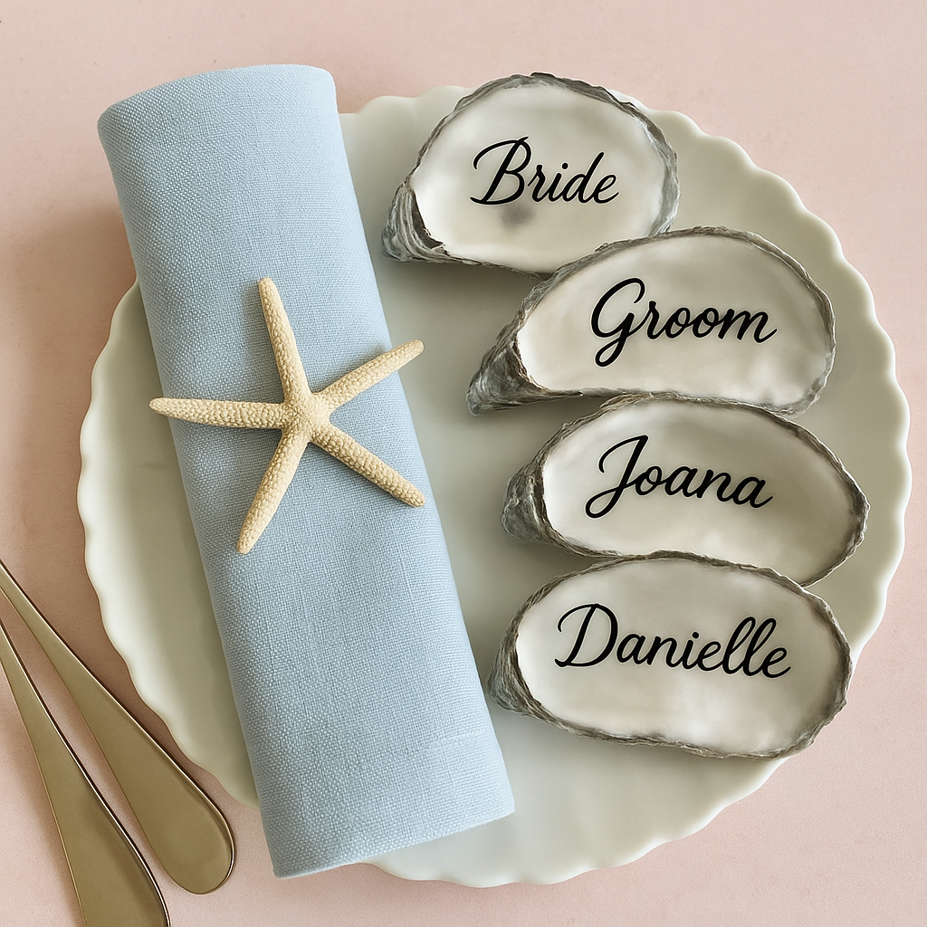 Personalized Oyster Shell Calligraphy Place Cards – Elegant Wedding ...