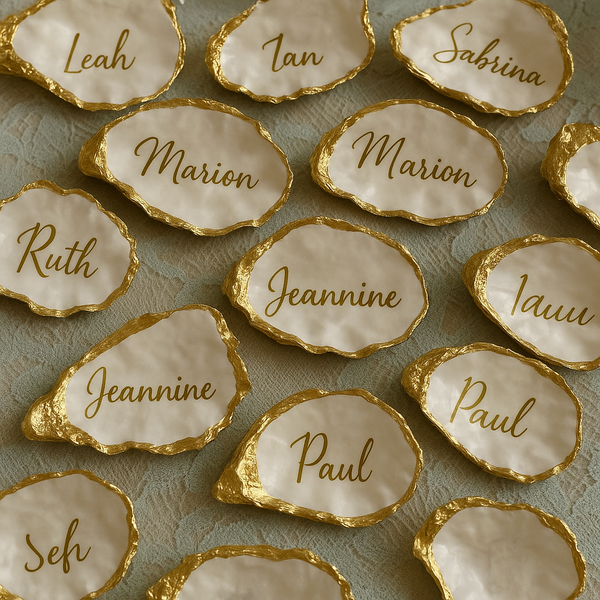 Personalized Oyster Shell Calligraphy Place Cards – Elegant Wedding & Event Name Tags