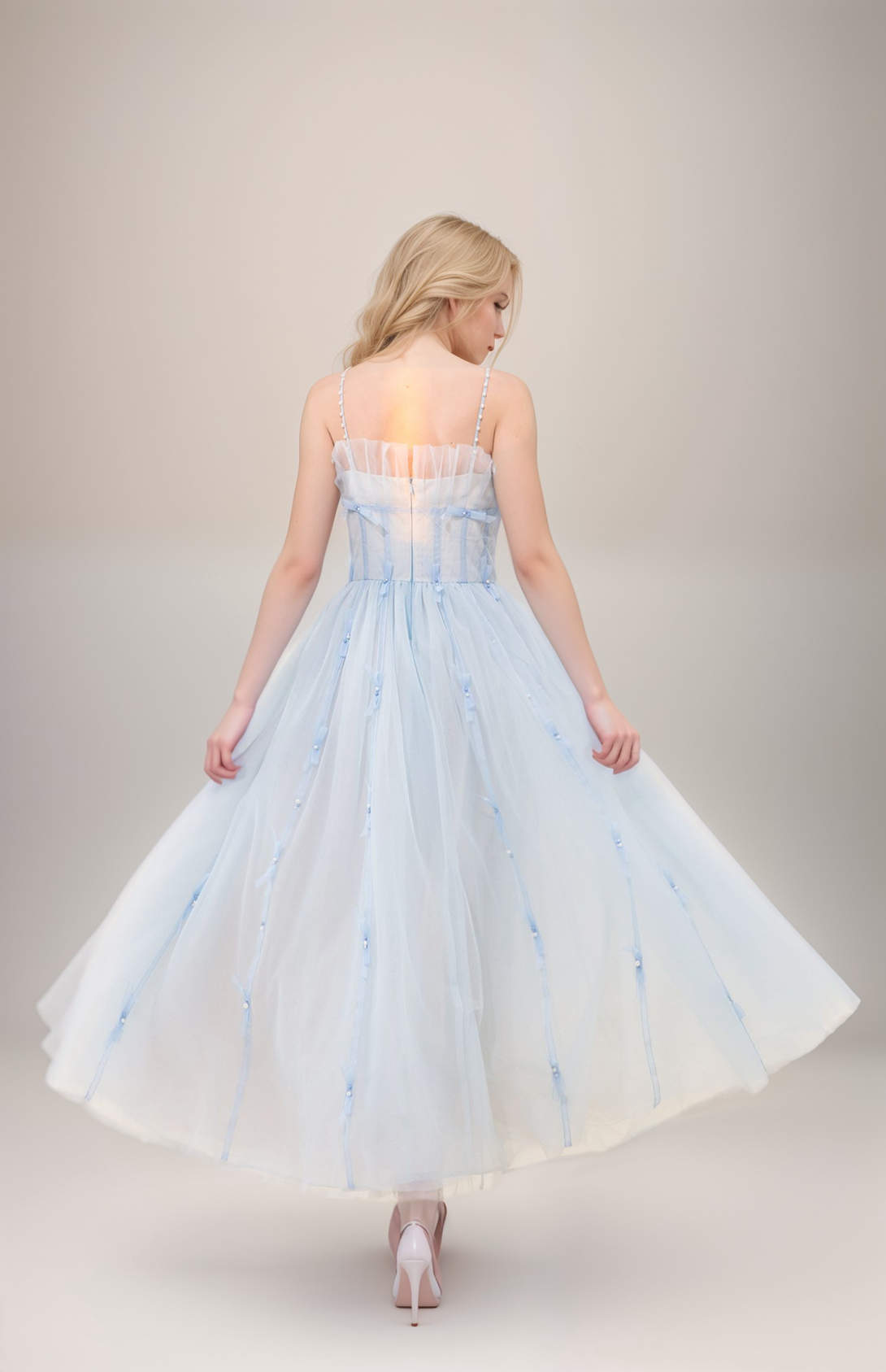 Beaded Spaghetti-straps ruffled bow decorated tea length tulle prom dress