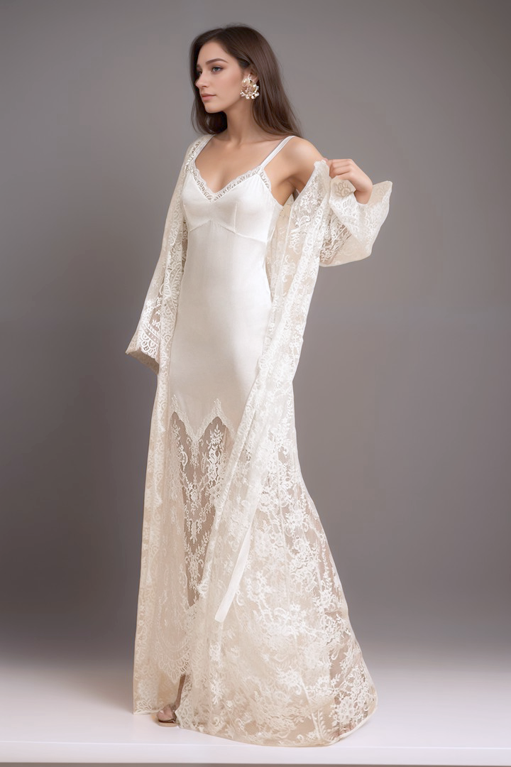 Chantilly Lace Long Robe with Silky Satin Lace Nightgown - next day sh ...