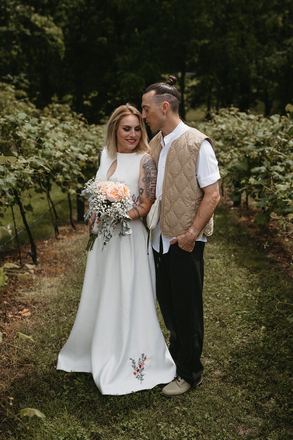 Elise - Minimalist Two-Piece Wedding Set with Floral Embroidery and Chain Detail