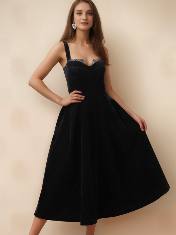 Spaghetti-straps Sweetheart Tea length lace ball gown Velvet Dress