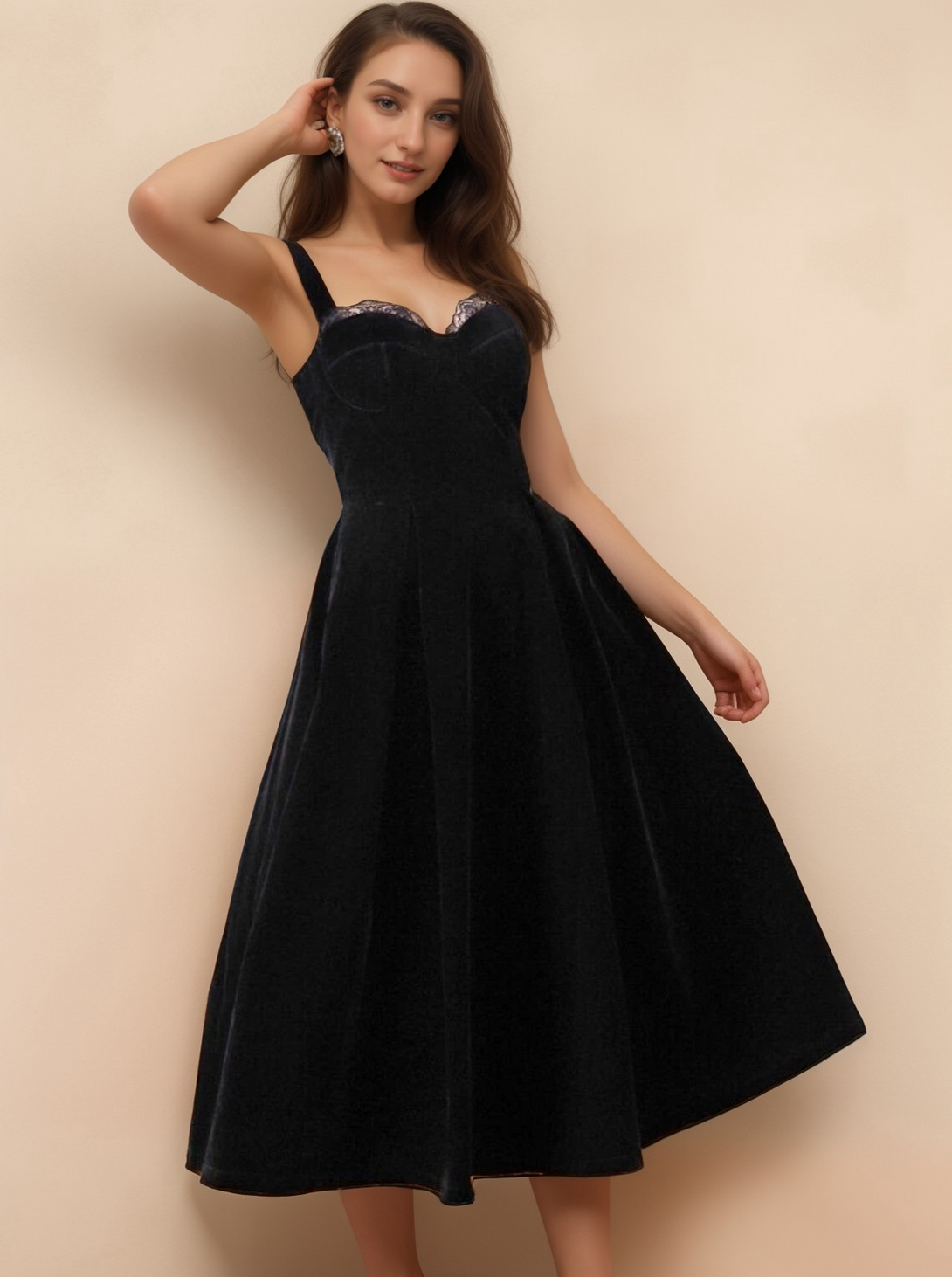 Spaghetti-straps Sweetheart Tea length lace ball gown Velvet Dress