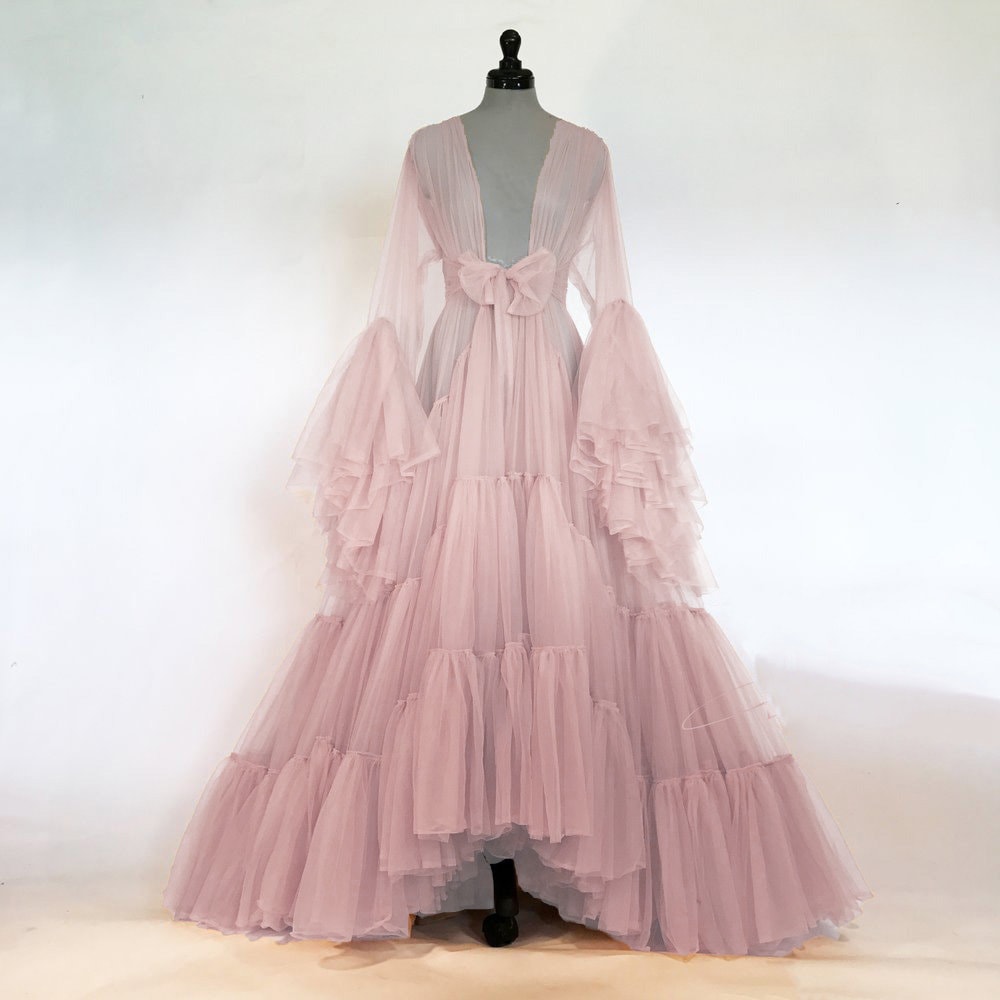 Tulle Ruffled Sleeves Layered Fringe Long Robe Dress – SelenaHuanStudio