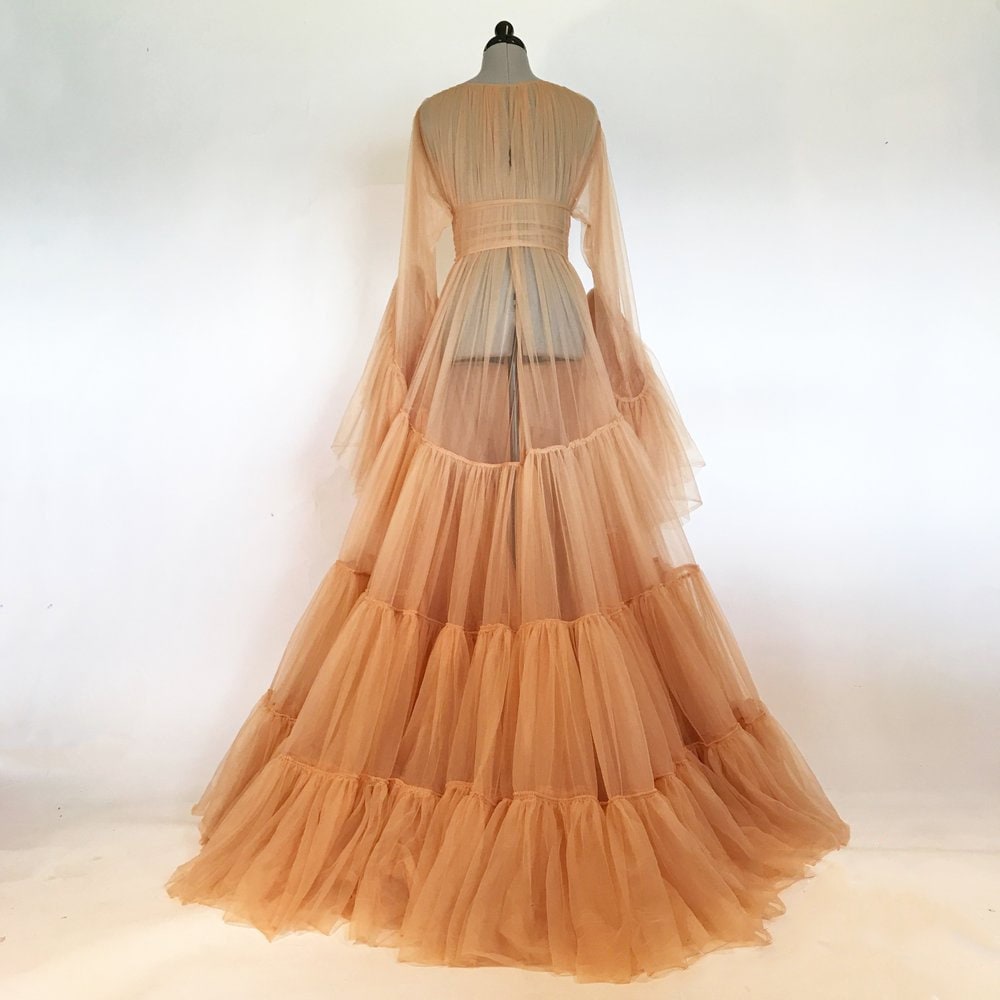 Tulle Ruffled Sleeves Layered Fringe Long Robe Dress – SelenaHuanStudio