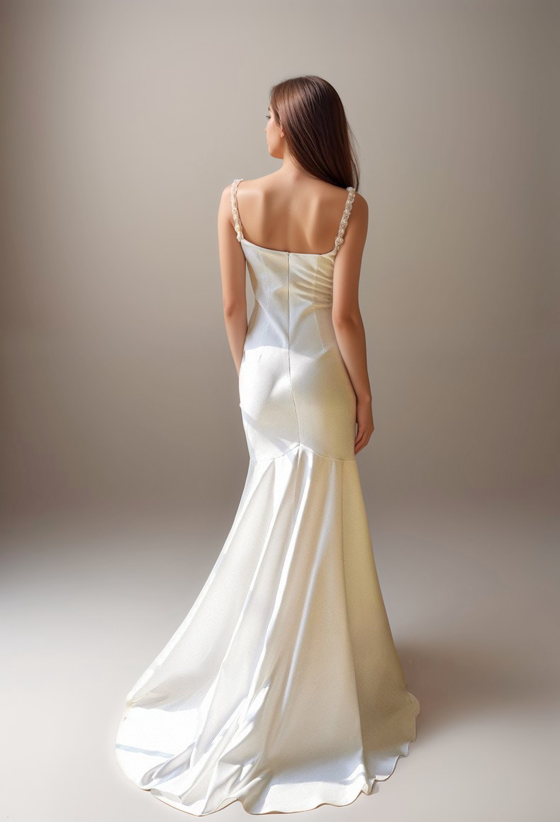 Pearl Beaded Spaghetti-straps Mermaid Satin wedding dress small train Sexy mini wedding dress little white dress