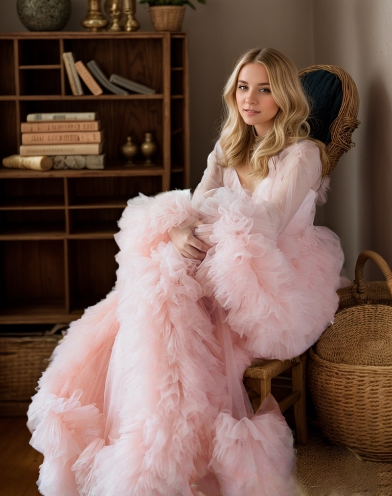 Tulle Ruffle Robe Tulle Ruffled Sleeves Fringe Multi-Color Custom Robe Dress for Theme P ...