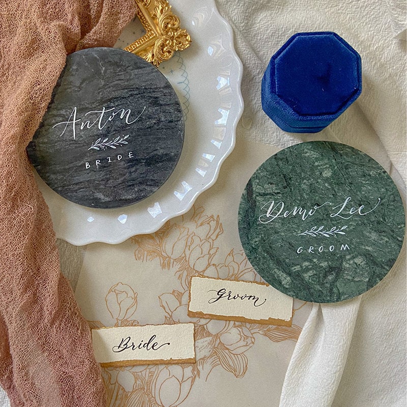 3-4" Handwritten Marble Round Tile Calligraphy Card