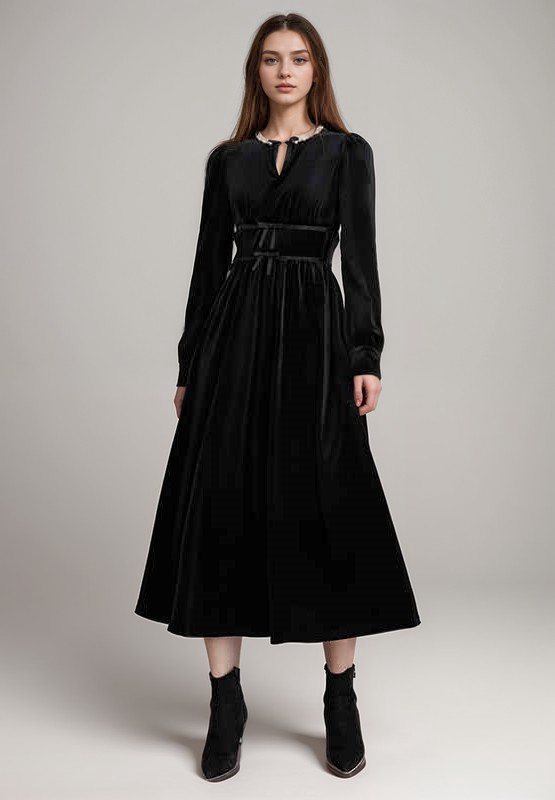 Elegant Black Velvet Long Sleeve Midi Dress with Bow and Pearl Detail