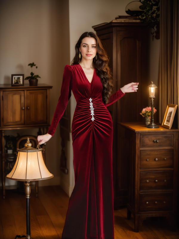 Elegant Crystal Ruched V-Neck Velvet Evening Dress Long Sleeves