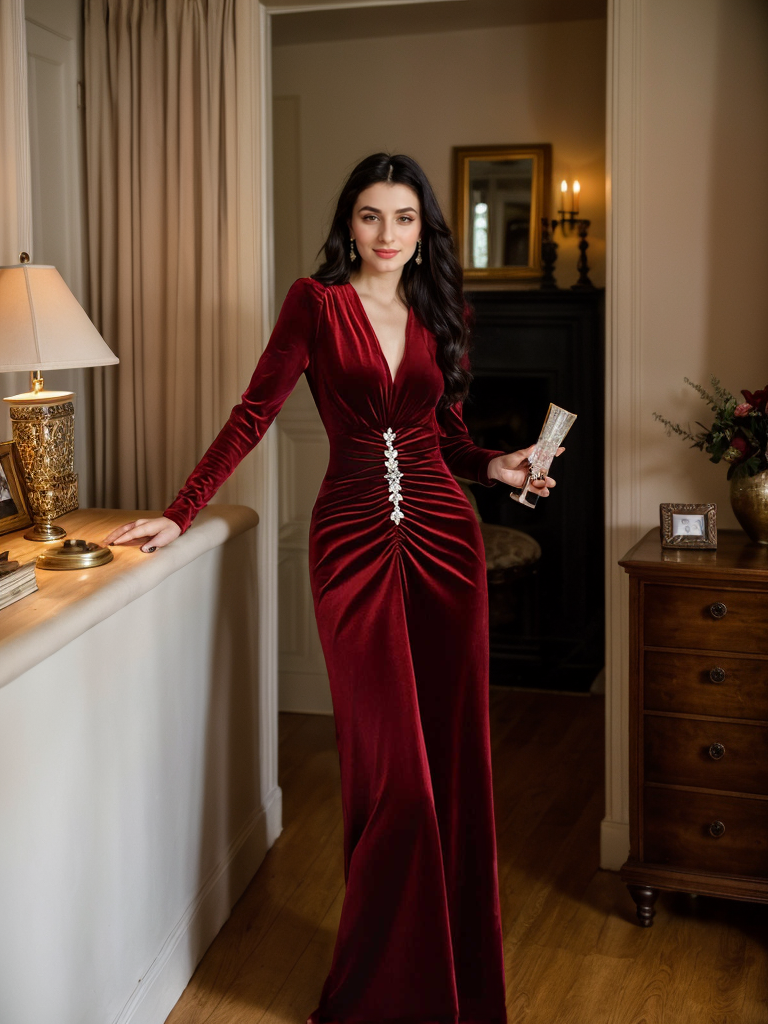 Elegant Crystal Ruched V-Neck Velvet Evening Dress Long Sleeves