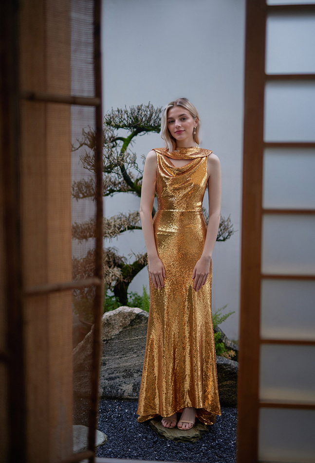 Elegant Gold Sequin Evening Gown with Cowl Neck and Sleeveless Design