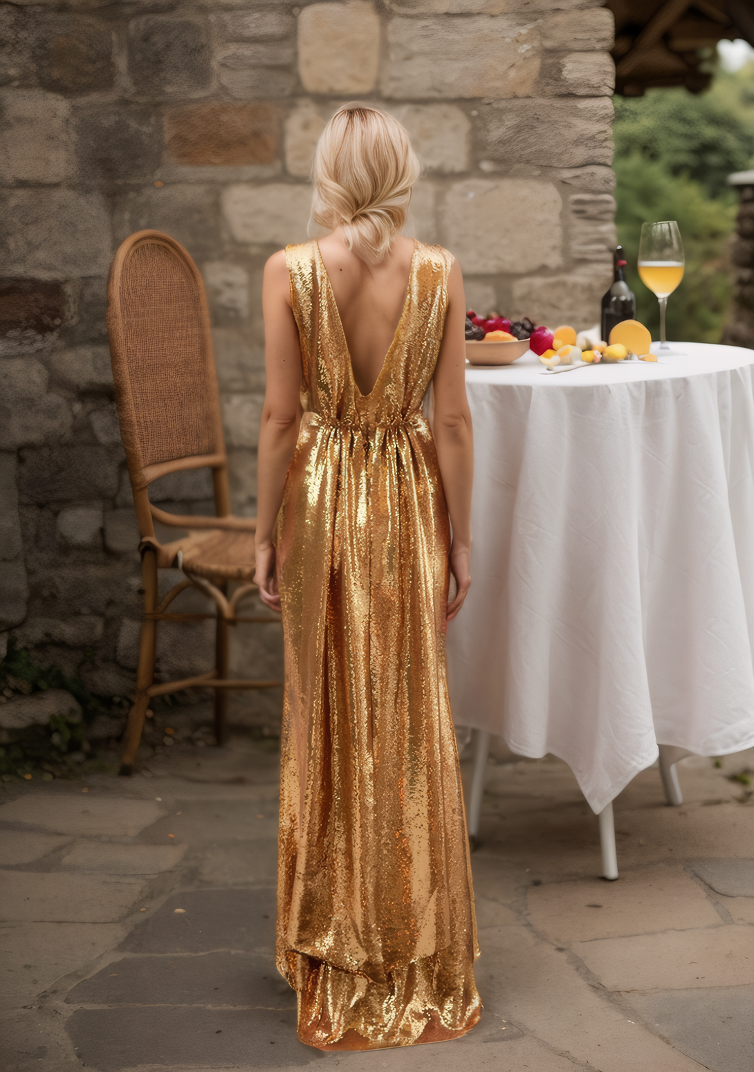 Elegant Gold Sequin Evening Gown with Cowl Neck and Sleeveless Design