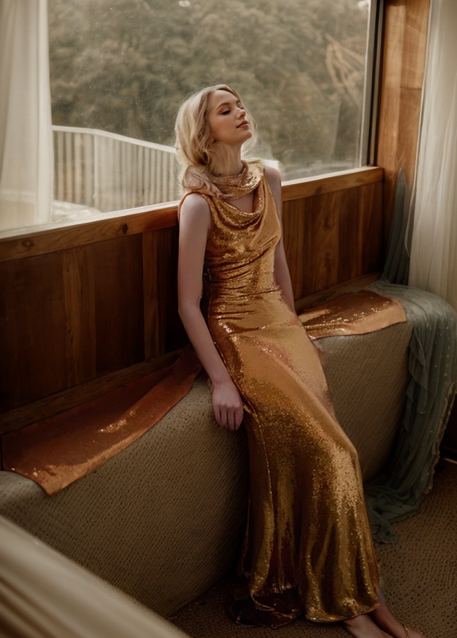 Elegant Gold Sequin Evening Gown with Cowl Neck and Sleeveless Design