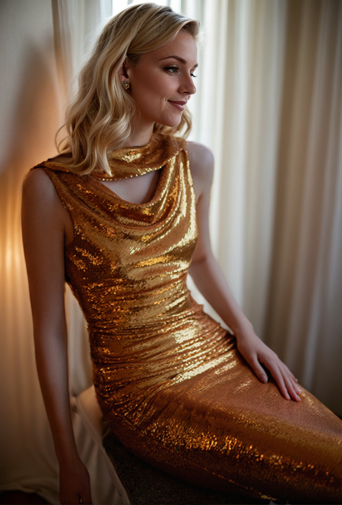 Elegant Gold Sequin Evening Gown with Cowl Neck and Sleeveless Design