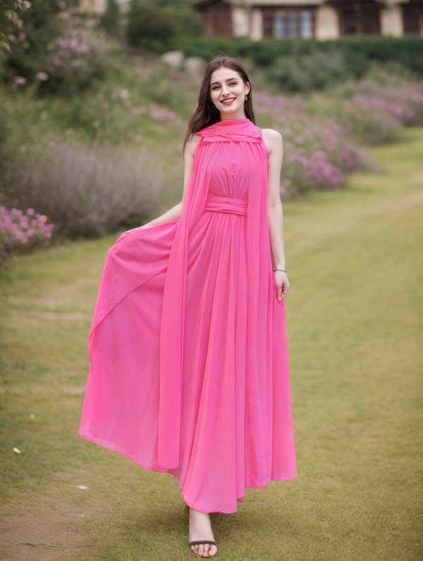 Elegant Halter Neck flowy ribbon A-line Chiffon prom dress