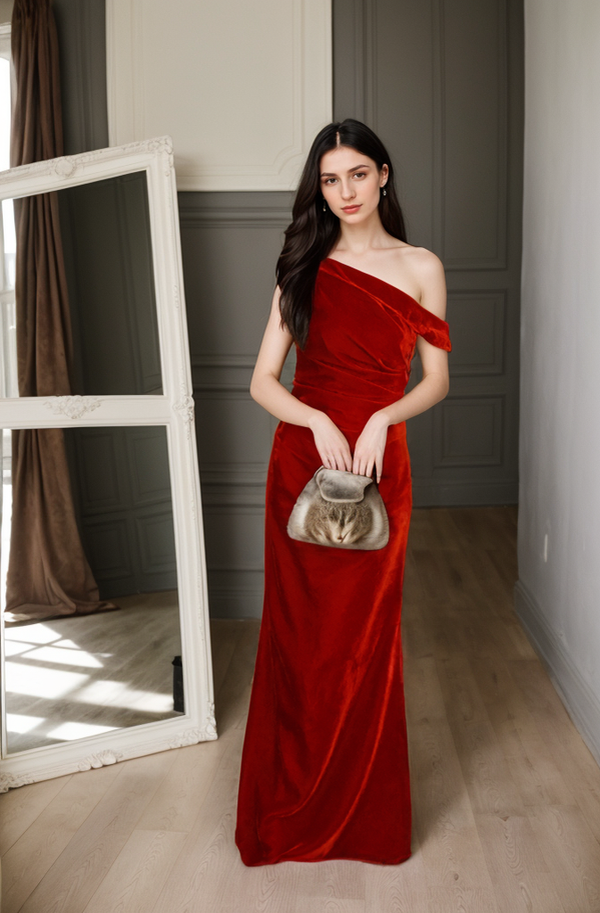 Elegant One-Shoulder Velvet Evening Gown with Floor-Length Design