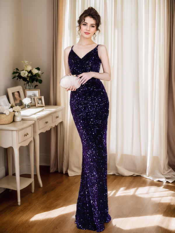 Elegant Sequined Spaghetti Strap Mermaid Evening Gown