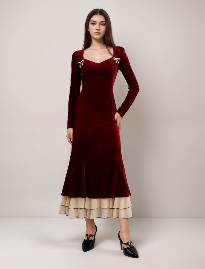 Elegant Red Velvet Long Sleeve Layered Hem Evening Dress with Pearl Bow Detail