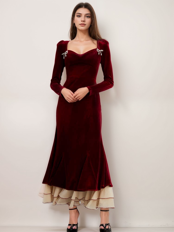 Elegant Red Velvet Long Sleeve Layered Hem Evening Dress with Pearl Bow Detail