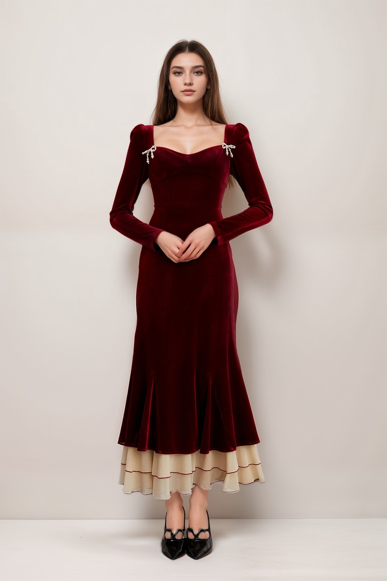 Elegant Red Velvet Long Sleeve Layered Hem Evening Dress with Pearl Bow Detail