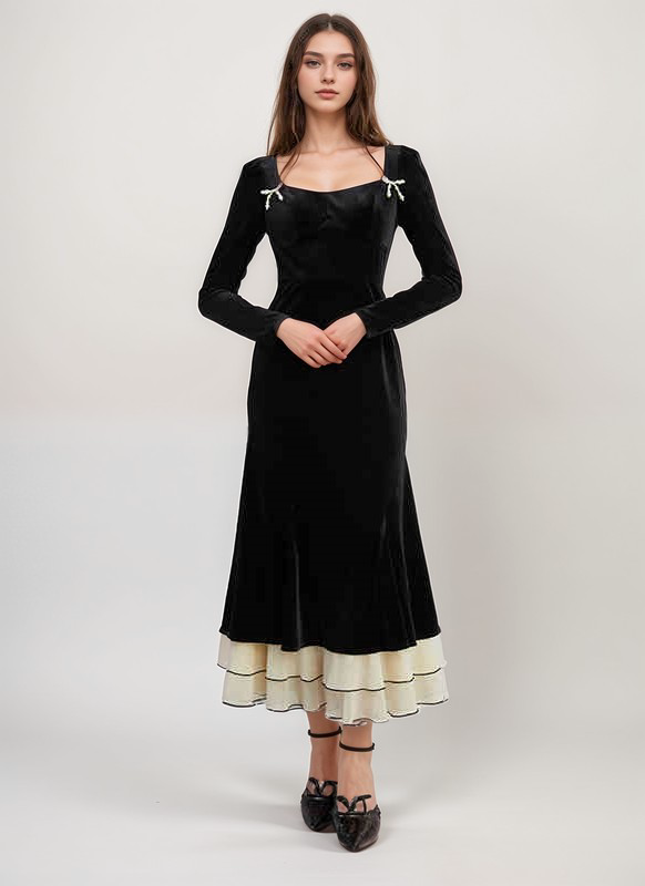 Elegant Red Velvet Long Sleeve Layered Hem Evening Dress with Pearl Bow Detail