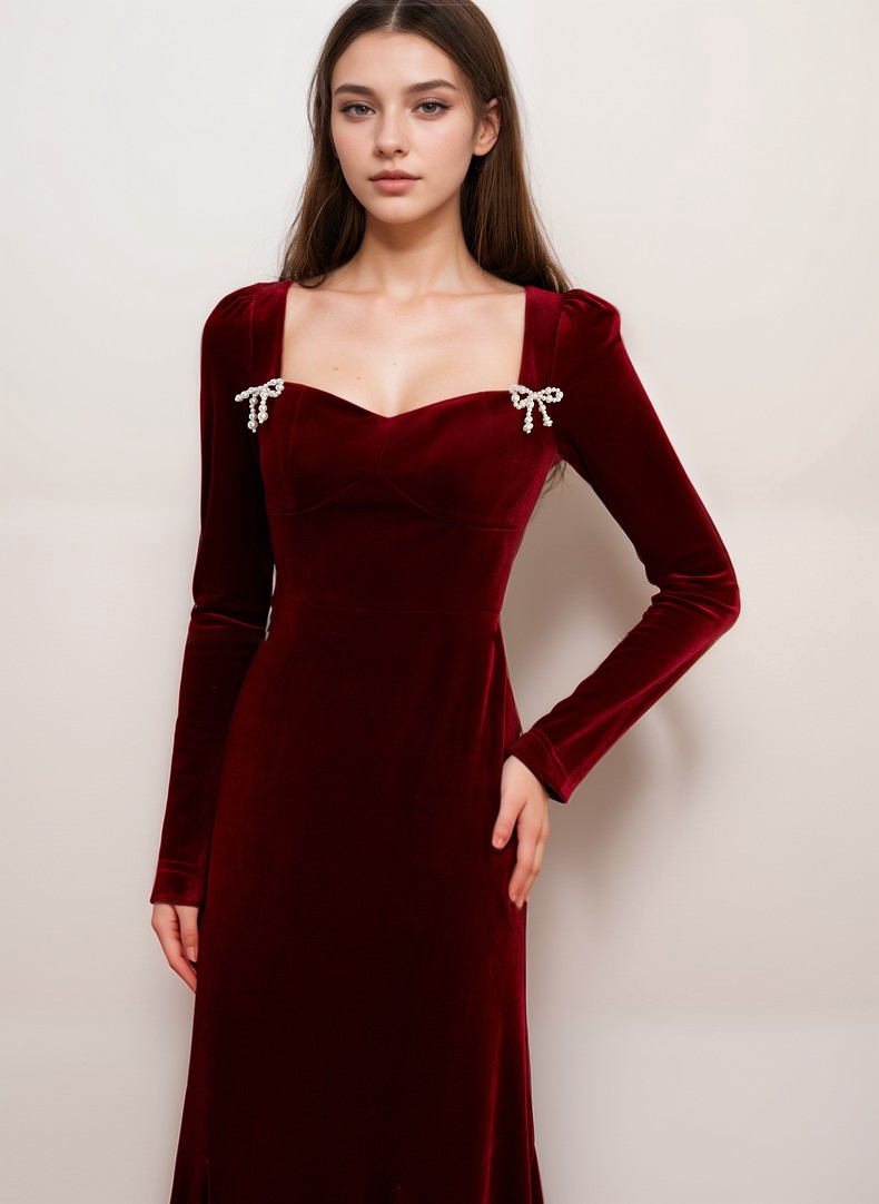 Elegant Red Velvet Long Sleeve Layered Hem Evening Dress with Pearl Bow Detail