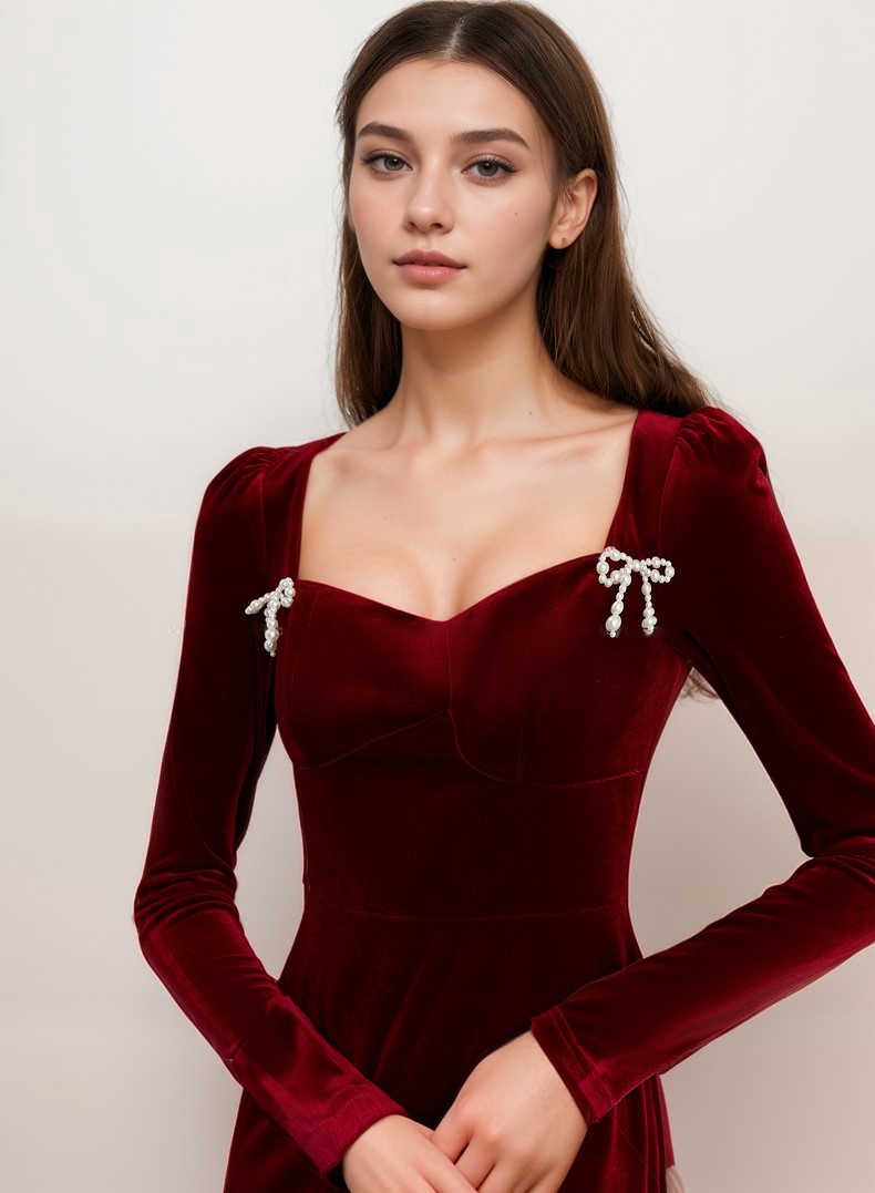 Elegant Red Velvet Long Sleeve Layered Hem Evening Dress with Pearl Bow Detail