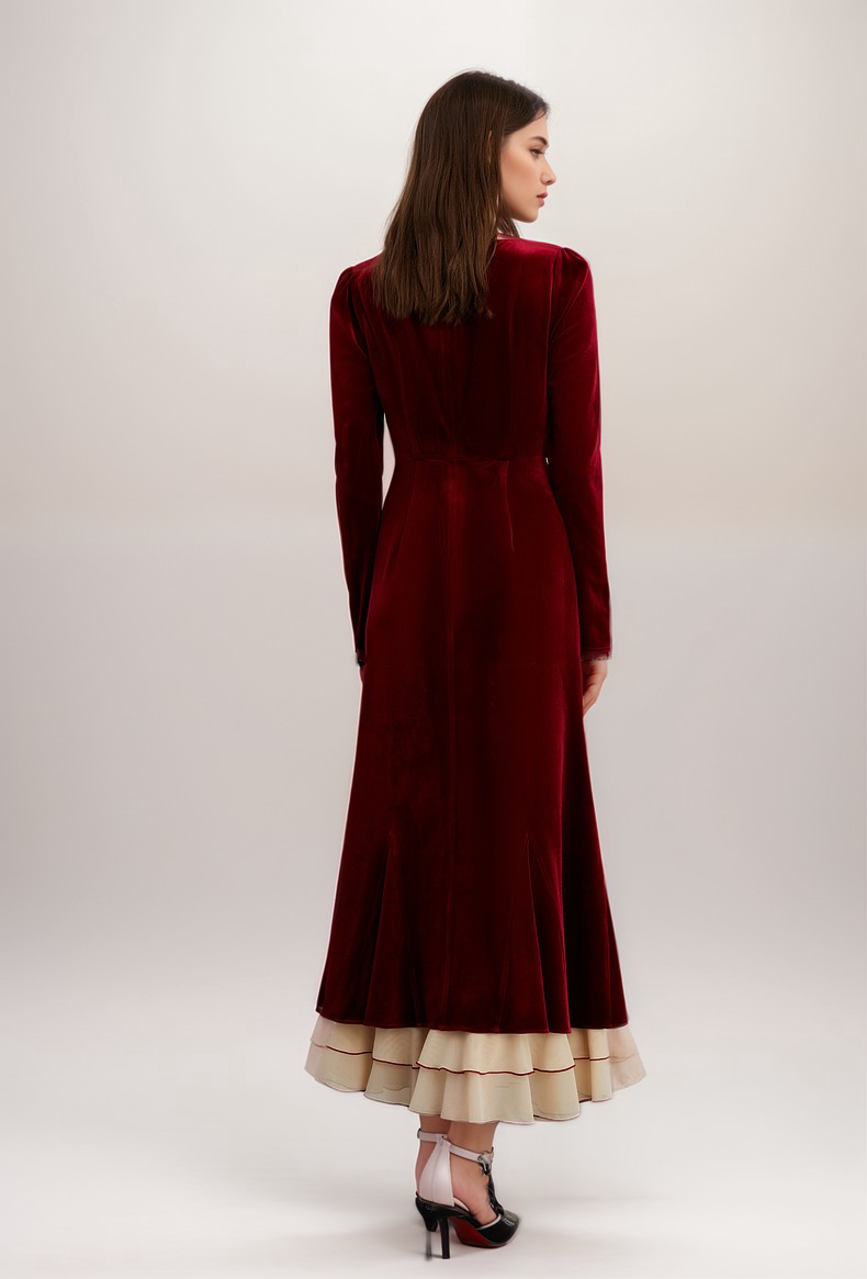 Elegant Red Velvet Long Sleeve Layered Hem Evening Dress with Pearl Bow Detail