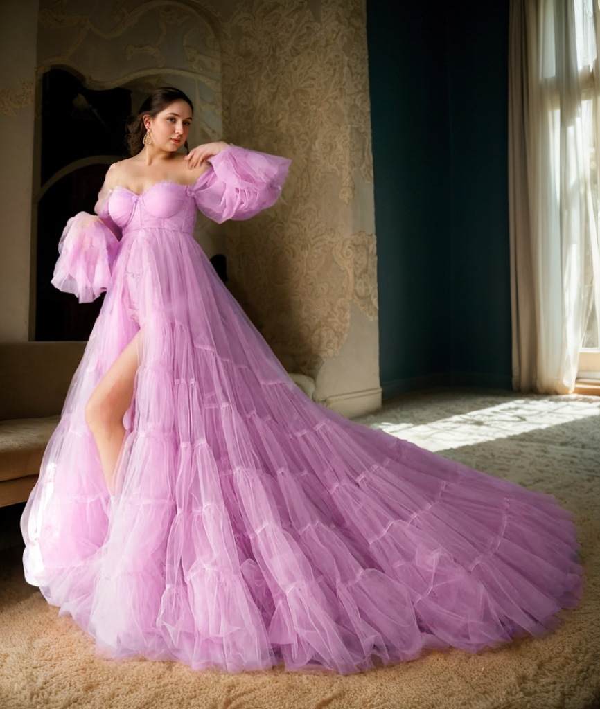 Elegant Robe Gown with Tiered Tulle and Off-Shoulder Design Multi Color